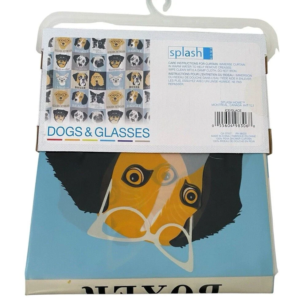 Dogs & Glasses Shower Curtain 70x72 Funny Dog Breeds PEVA Splash Home